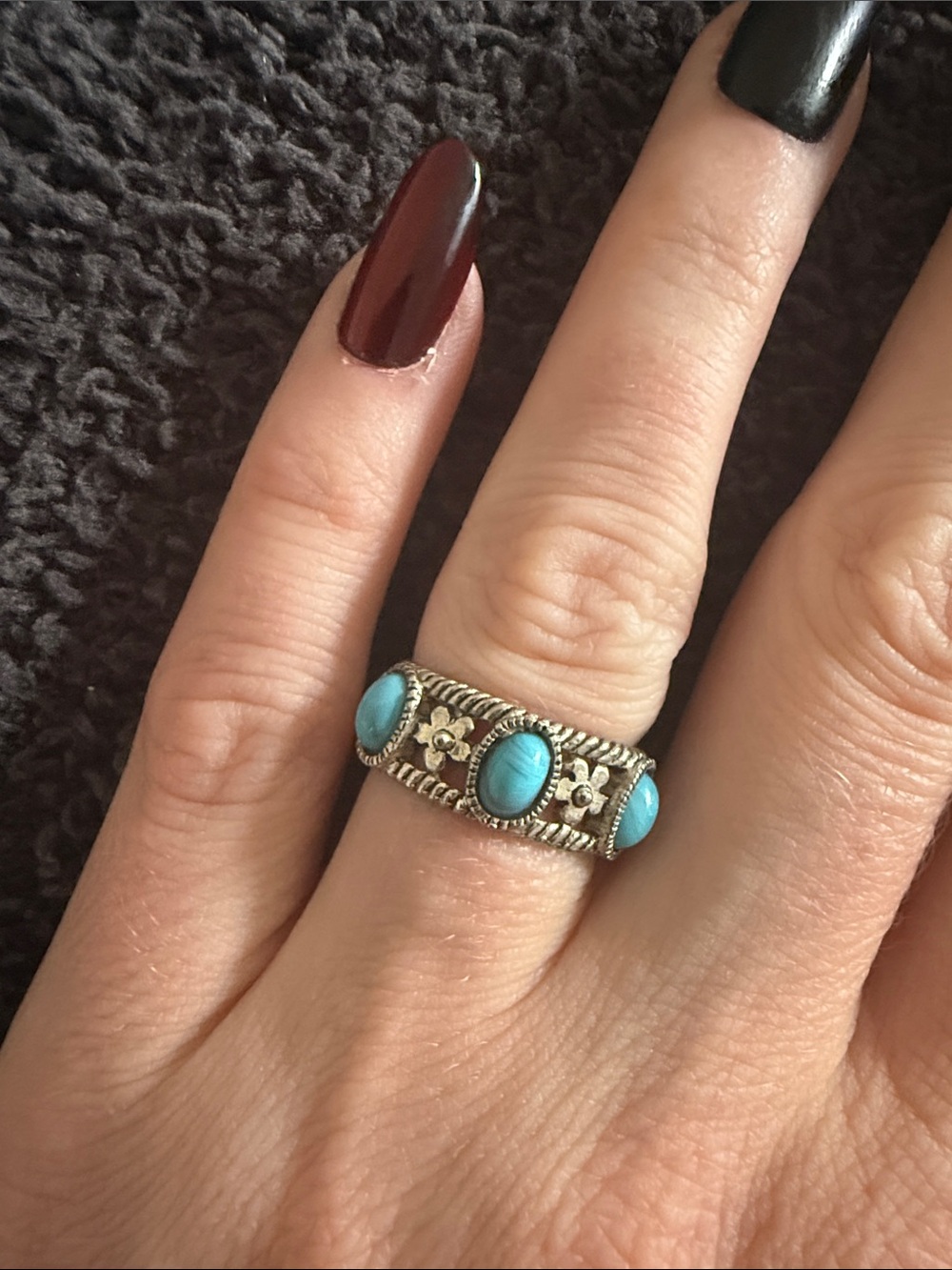 Turquoise Stone Floral Silver Band Ring - Women's Jewelry